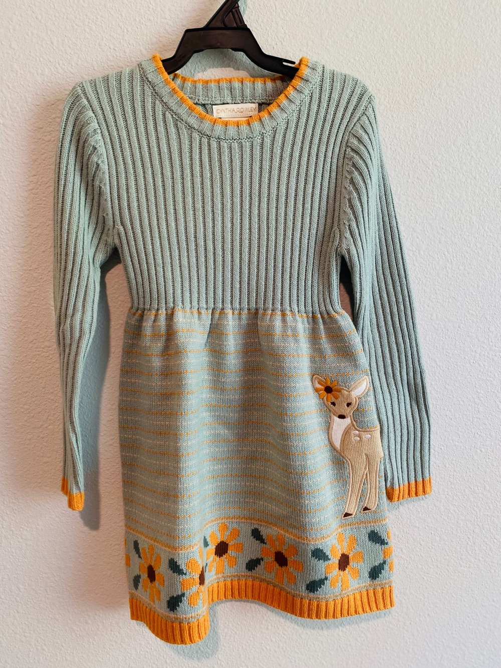 Cynthia Rowley Mint Knit Sweater Dress with Yellow Trim & Deer Applique
